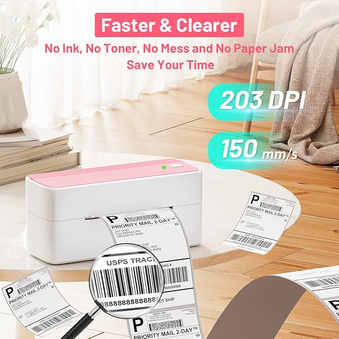 Phomemo Thermal Shipping Label Printer, 241BT Label Printer for Small Business &Shipping Packages, Pink 4x6 Bluetooth Thermal Printers Compatible with Android iOS Windows, Amazon, Ebay,UPS, Shopify