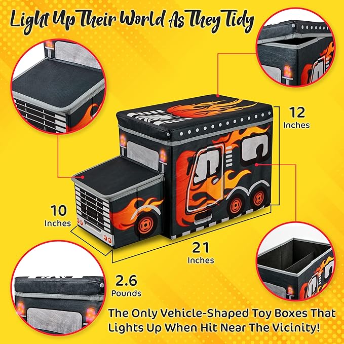 KAP Toy box for boys, Junior size, interactive Light up LED Toy chest, Children's Decorative Racing Truck Storage Bin, Toy Storage, Foldable Storage/Toy Box, Pop up Organizer, (Racing Collection)