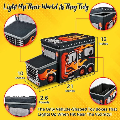 KAP Toy box for boys, Junior size, interactive Light up LED Toy chest, Children's Decorative Racing Truck Storage Bin, Toy Storage, Foldable Storage/Toy Box, Pop up Organizer, (Racing Collection)