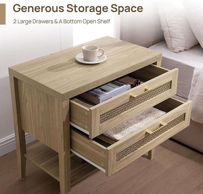 SICOTAS Night Stand Set 2 - Large Nightstands Sets of 2 with Drawers and Shelf, Rustic Bedside Table for Bedroom, Mid Century Modern Nightstand, 25.7" Tall Side End Table (Light Walnut, 2 Pieces)