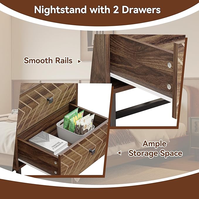 HOCAT Modern Nightstand Set of 2,Morden Night Stand with 2 Drawers,End Tables with Storage,Bedside Tables for Bedroom,Walnut