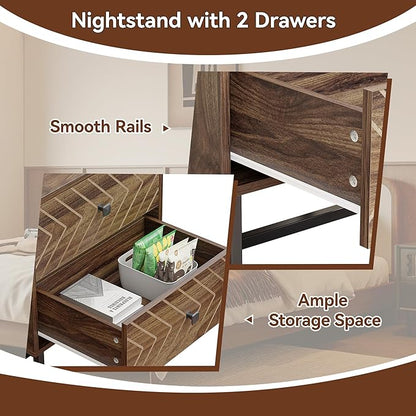 HOCAT Modern Nightstand Set of 2,Morden Night Stand with 2 Drawers,End Tables with Storage,Bedside Tables for Bedroom,Walnut