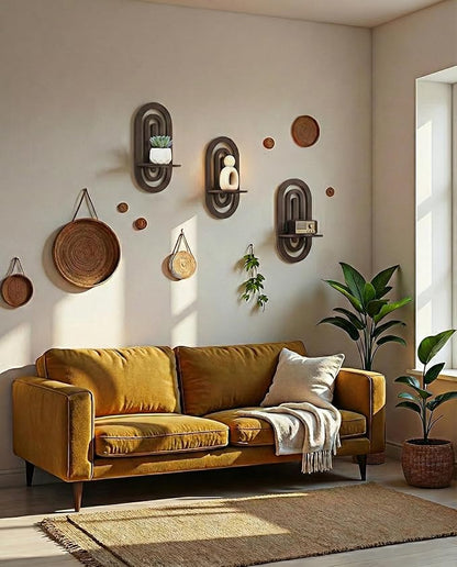Boho Decor Wall Floating Shelves with Oval Wood Design,Dark Brown Wood Display Rack,Three-Piece Set,Suitable for Both Home and Office