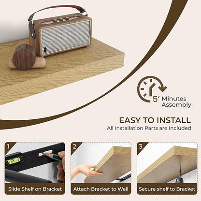 RICHFOCUS 55Inch Floating Shelves for Wall 1 Pack Shelves for Bedroom|Kitchen|Bathroom Wall Mounted Rustic Wood Floating Shelf with Invisible Brackets for Books|Storage|Decor, Oak