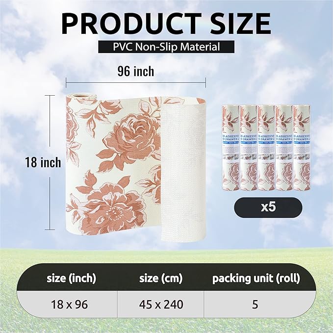 FIFTY FEET 18X96 Inch Shelf Liner for Kitchen Cabinets, PVC Drawer Liner for Dresser Non-Slip Bathroom, Non-Adhesive Cabinet Liner Washable (Red Flower)(5 Roll)