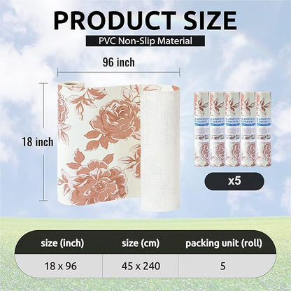FIFTY FEET 18X96 Inch Shelf Liner for Kitchen Cabinets, PVC Drawer Liner for Dresser Non-Slip Bathroom, Non-Adhesive Cabinet Liner Washable (Red Flower)(5 Roll)