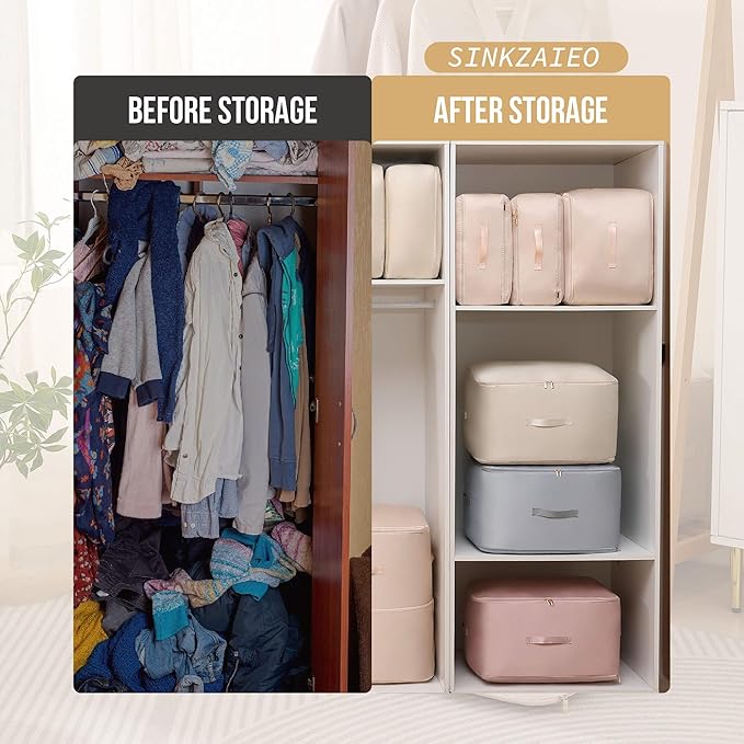 SINKZAICO Ultra Space Saving Self Compression Organizer,Packing Cubes,Waterproof And Moisture-Proof,Heavy Duty Moving Bags,For Blankets Clothes Duvet Comforter（Oatmeal 21.2 * 16.2 * 23.6 In）