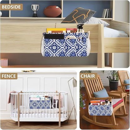 CuwrYet Bedside Caddy Hanging Bunk Bed Caddy Bed Organizer Hanging Pocket with 2 Hooks Bedside Storage Organizer Pocket Bag Holder Floral Blue and White Geometric