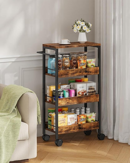 4-Tier Slim Storage Cart, 9.1'' Kitchen Serving Trolley, Slim Rolling Cart with Handle and Guard Rails, Slim Cabinet for Small Spaces, for Dining Room, Rustic Brown and Black TTC03BF
