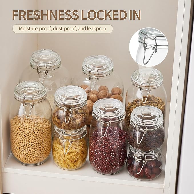 34oz Glass Food Storage Jars with Airtight Lids, Set of 4 – Clear Preserving Seal Wire Clip Fastening Canisters for Kitchen Canning, Flour, Cereal, Pasta, Sugar, Beans, Pickling Jars (34oz*4)