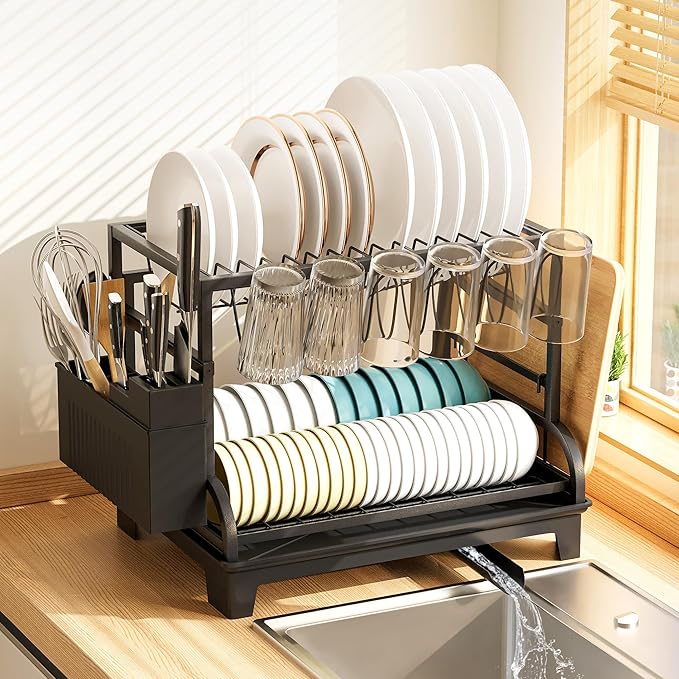HomeCurated 2-Tier Foldable Dish Drying Rack with Drainboard, Stainless Steel Large Capacity Kitchen Counter Organizer with Cup Holder, Utensil & Cutting Board Storage, No Assembly Required, Black