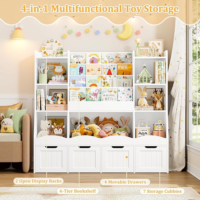 FINETONES Toy Storage Kids Bookshelf, Toy Organizer Book Shelf for Kids Room with 4 Movable Drawers and 7 Storage Cubbies, Playroom Storage Toy Storage Cabinet for Living Room, White