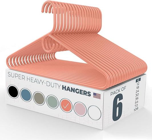 Neaties Super Heavy Duty Clothes Hangers 6 Pack – Made in The USA - 10lb Capacity, Thick Plastic Hangers for Pants, Coats, Jackets, Jeans and Adult Clothing – Peach