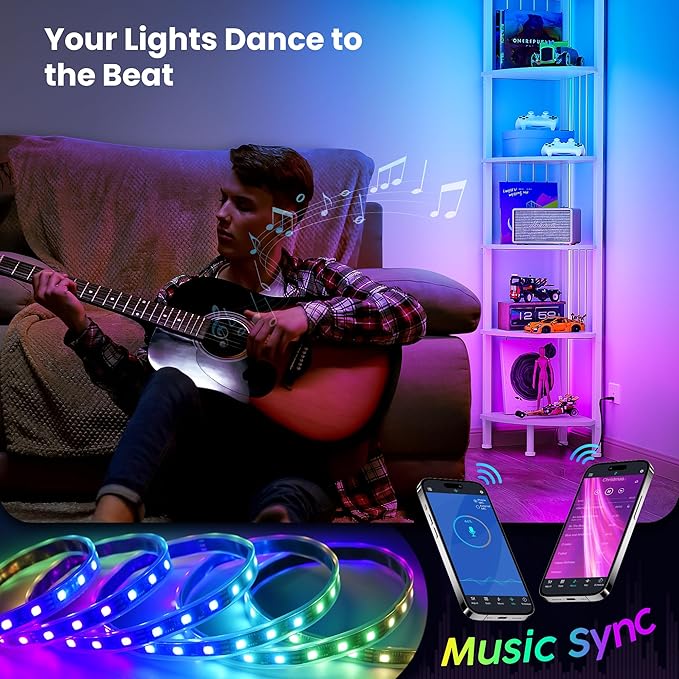 6 Tier Corner Shelf with Light, Music Synic 60000 DIY LED Color Smart Remote Tall Display Shelves Corner Shelf Stand Bookshelf Wood Rack Metal Frame for Living Game Room Bedroom, White