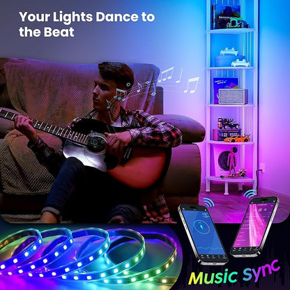 6 Tier Corner Shelf with Light, Music Synic 60000 DIY LED Color Smart Remote Tall Display Shelves Corner Shelf Stand Bookshelf Wood Rack Metal Frame for Living Game Room Bedroom, White