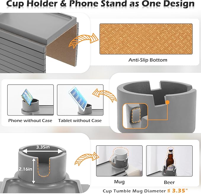 Couch Cup Holder Tray, Large Couch Arm Table with 360° Ratated Phone Holder, 3 in 1 Bamboo Sofa Armrest Tray with Anti-Slip Couch Organizer for Remote,Cellphone,Snacks
