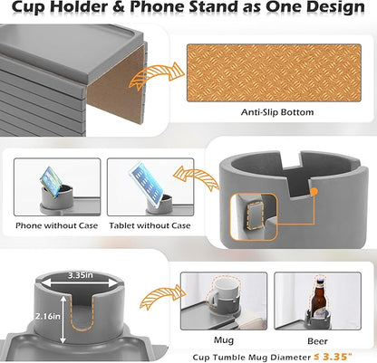 Couch Cup Holder Tray, Large Couch Arm Table with 360° Ratated Phone Holder, 3 in 1 Bamboo Sofa Armrest Tray with Anti-Slip Couch Organizer for Remote,Cellphone,Snacks