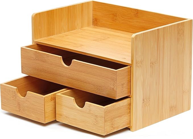 RoyalHouse Premium Natural Bamboo Desktop Organizer, Attractive Design 3 Tier, Table Top Storage for Documents & Office Supplies, Accessories And More, No Assembly Required (3 Drawer with Shelf)