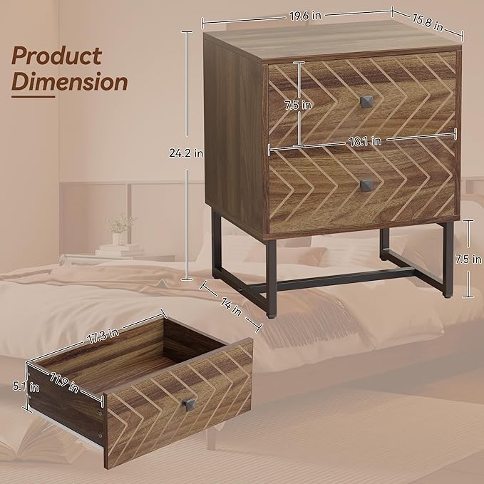 HOCAT Modern Nightstand Set of 2,Morden Night Stand with 2 Drawers,End Tables with Storage,Bedside Tables for Bedroom,Walnut