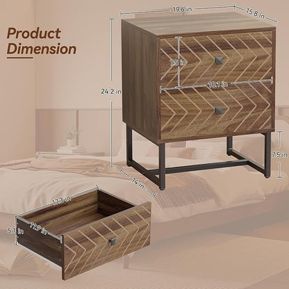 HOCAT Modern Nightstand Set of 2,Morden Night Stand with 2 Drawers,End Tables with Storage,Bedside Tables for Bedroom,Walnut