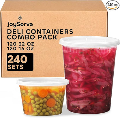JoyServe 240-Sets Deli Containers with Lids - (120)-32oz & (120)-16oz Bulk Pack of Food Storage Take Out Containers for Restaurants, Catering, Meal Prep - Microwaveable, Reusable & BPA-Free