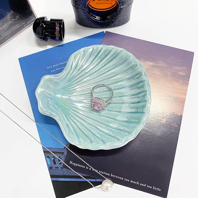 GO2HEJING Ring Dish Shell Shape Ceramic Jewelry Dish Tray, Decorative Trinket Dish Organizing Rings Earrings Necklaces Keys for Mom Friend Sister, 3.9", Blue Iridescent Surface