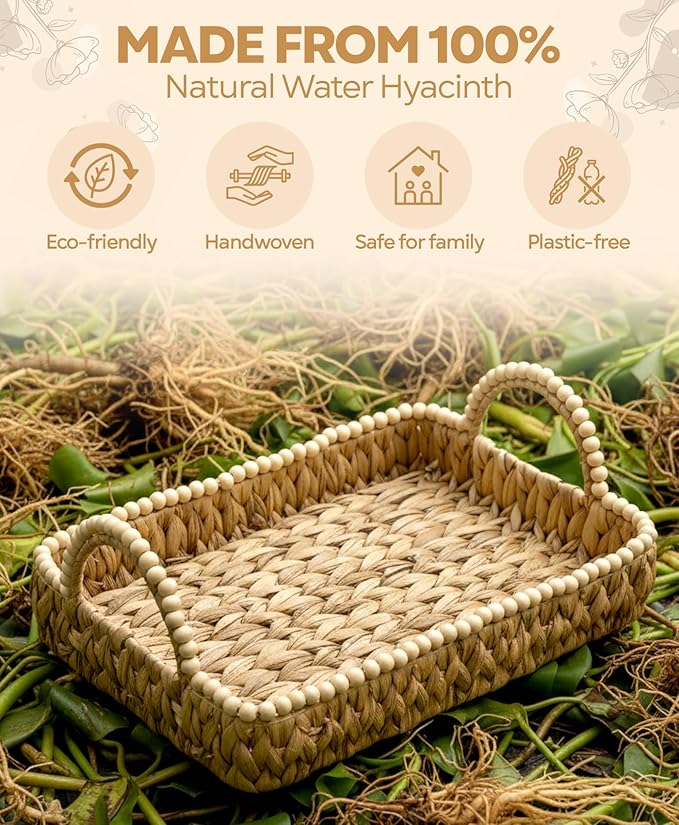 Handwoven Water Hyacinth Storage Baskets for Toilet, Living Room, Nursery Organization - Natural Rectangular Set of 3 Versatile Nesting Baskets with Scalloped Edge Design & Handles