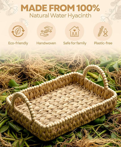 Handwoven Water Hyacinth Storage Baskets for Toilet, Living Room, Nursery Organization - Natural Rectangular Set of 3 Versatile Nesting Baskets with Scalloped Edge Design & Handles