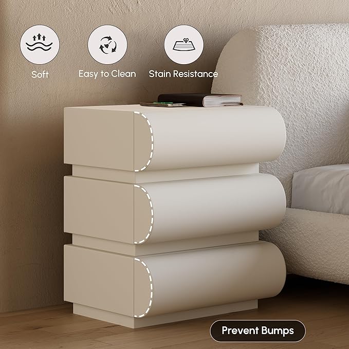 homary Smart Nightstand with Wireless Charging, USB & Type-C Ports – Modern White Leather Night Stand with 3 Drawers, Bedside Table for Bedroom