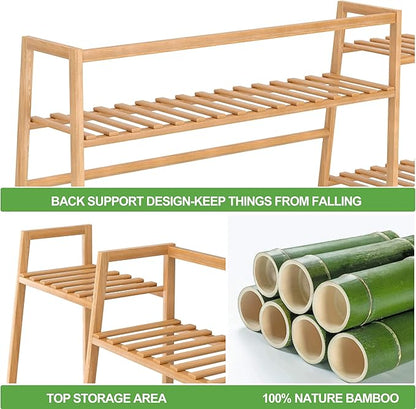 RELIANCER Bamboo Clothing Garment Rack,Free Standing Clothes Coat Hanger,Closet Organizer w/Shoe Rack,Multi-tiered Wardrobe Storage Shelves,Clothes Hanging Racks for Hall,Living Room,Bedroom,Entryway