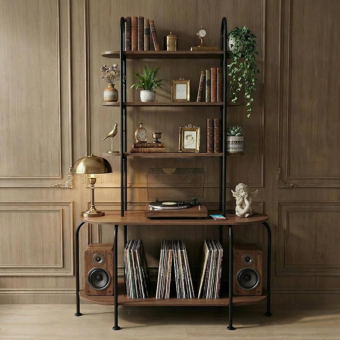 5-Tier CD Storage Rack, Record Player Stand with Storage, DVD Organizer Shelf with Adjustable Book Stoppers, Media Storage Rack for CD/DVD, Books, Games, for Living Room, Bedroom, Home Office, Walnut
