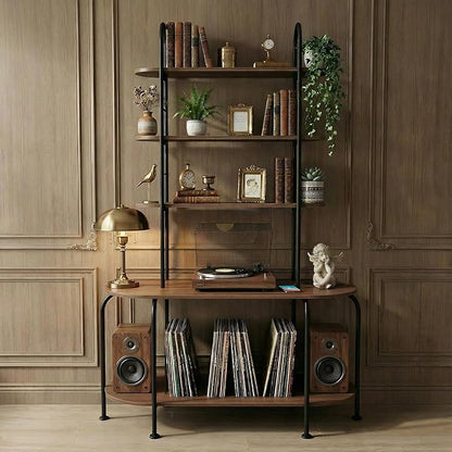 5-Tier CD Storage Rack, Record Player Stand with Storage, DVD Organizer Shelf with Adjustable Book Stoppers, Media Storage Rack for CD/DVD, Books, Games, for Living Room, Bedroom, Home Office, Walnut