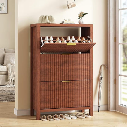 YOMILUVE Shoe Cabinet Storage for Entryway, Fluted Shoe Cabinet with 3 Flip Drawers, Hidden Shoe Rack Tall Freestanding Shoe Organizer with Legs for Hallway, Walnut