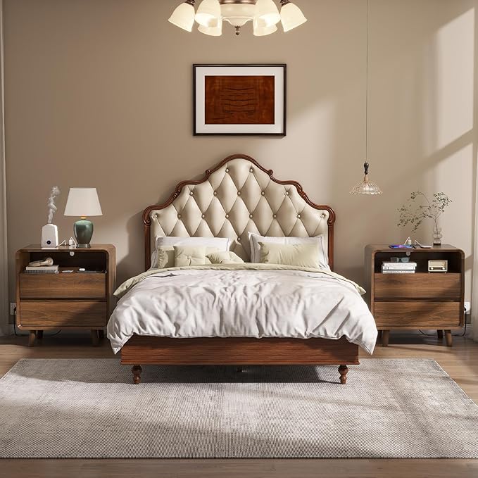 Nasonet Night Stand with Charger Station, Mid Century Modern Nightstand with 2 Drawers, Wood Bedside Table for Bedroom, Curved Beveled Design, Walnut