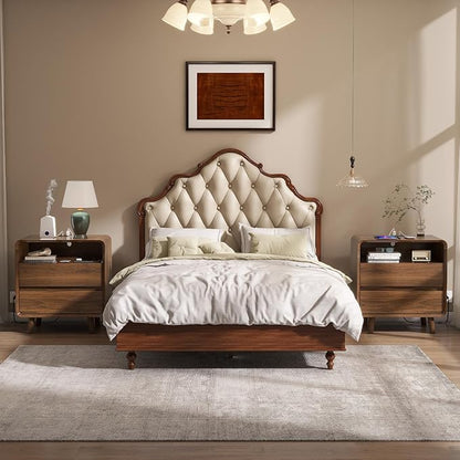 Nasonet Night Stand with Charger Station, Mid Century Modern Nightstand with 2 Drawers, Wood Bedside Table for Bedroom, Curved Beveled Design, Walnut