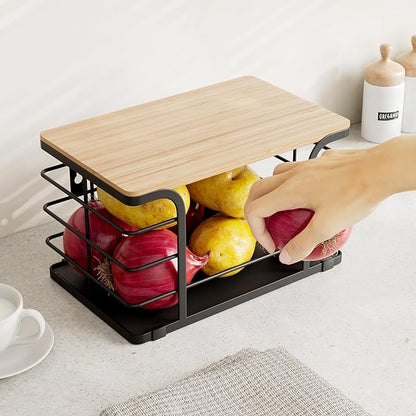Potato and Onion Storage Bin,Kitchen Organizers Pantry Bin with Bamboo Top for Onion,Potato,Fruits,Vegetable,Produce Storage, Black