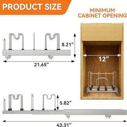 Pull Out Pots and Pans Organizer Under Cabinet, Sliding Adjustable Pot Rack with 9 Adjustable Dividers, Chrome-Plated Pot and Pan Holder Rack, Full-Extension Rail for Kitchen Organization 12" W*22" D