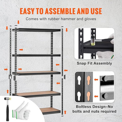 VEVOR Storage Shelving Unit, 5-Tier Adjustable, 2000 lbs Capacity, Heavy Duty Garage Shelves Metal Organizer Utility Rack, Black, 48" L x 18" W x 72" H for Kitchen Pantry Basement Bathroom Laundry
