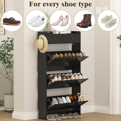 Shoe Cabinet with 3 Flip Drawers & 2 Storage Drawers, Rustic Farmhouse Narrow Shoe Organizer Cabinet, Slim Shoe Rack Cabinet, Shoe Storage Cabinet for Entryway, Hallway, Front Door