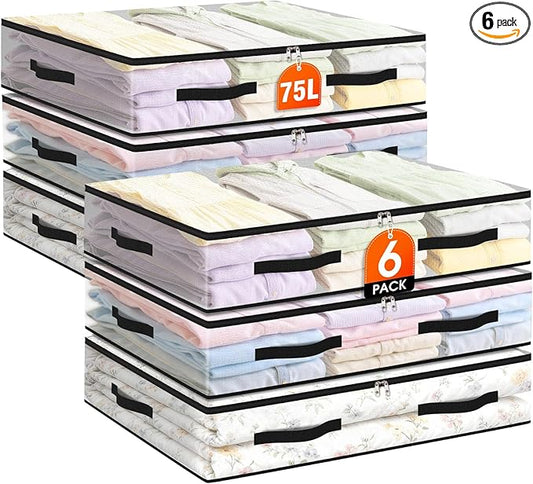 EdenDwell 6 Pack Under Bed Storage Bags, 75L Foldable Clear Storage Containers with Handles, Dual Zippers for Comforter, Clothes, Bedding, Linen Sheets, Sweaters, Blanket Storage
