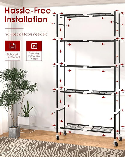 Storage Shelves Organizer - 5 Tier Metal Shelf Organizer with Metal Wheels and Adjustable Leveling Feet, Heavy Duty Garage Shelving for Kitchen, Pantry and Closet, 33.1"x12.6"x73.5", Black