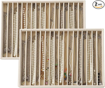 KATISYIO Large Velvet Jewelry Tray 2 Pack Stackable Jewelry Display Drawer Inserts Trays Organizer for Earring Bracelet Necklace Ring (Beige, 16 Grids)