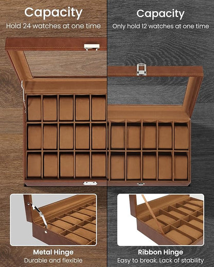 Uten 24-Slot Watch Box, PU Leather Watch Case with Glass Lid, Watch Holder Organizer with Soft Pillow and Velvet Lining, Watch and Jewelry Storage Box, Brown