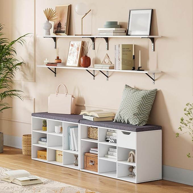 DINZI LVJ Shoe Storage Bench with Cushion, Cubby Shoe Rack with 9 Cubbies, Adjustable Shelves, Multifunctional Shoe Organizer Bench for Entryway, Mudroom, Hallway, Closet and Garage, White