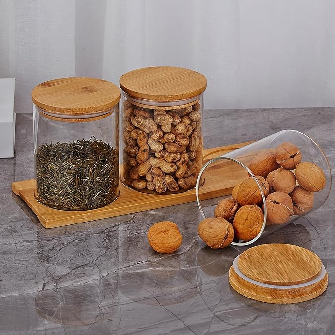SANQIAHOME Glass Coffee Sugar Containers with Shelf, 3 x 27 OZ Coffee Bean Storage Station Organizer,Airtight Seal,Food Storage Jar for Kitchen