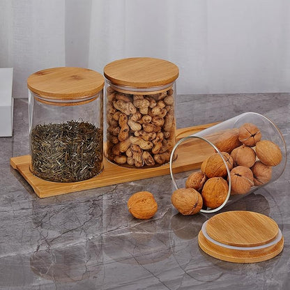 SANQIAHOME Glass Coffee Sugar Containers with Shelf, 3 x 27 OZ Coffee Bean Storage Station Organizer,Airtight Seal,Food Storage Jar for Kitchen
