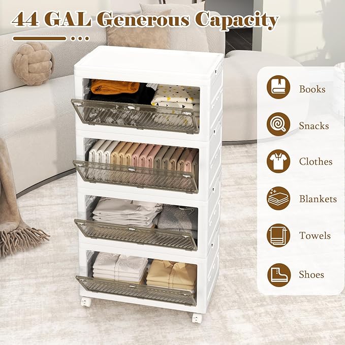Giantex 44 Gal Plastic Storage Bins with Lids, 4 Tier Stackable Storage Boxes with Wheels, Closet Drawer Container for Living Room, Home, Party, Office, Dorm (4 Pack)