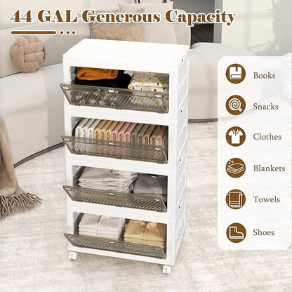Giantex 44 Gal Plastic Storage Bins with Lids, 4 Tier Stackable Storage Boxes with Wheels, Closet Drawer Container for Living Room, Home, Party, Office, Dorm (4 Pack)
