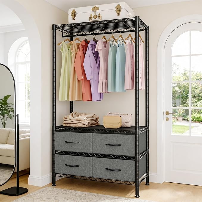 Clothes Rack with 4 Fabric Storage Drawers and Adjustable Shelves, 3-Tier Heavy-Duty Garment Rack Portable Clothes Hanger Closet Organizers for Bedroom Dorm Apartment, 71.5"H x 35.2"W x 15.4"D