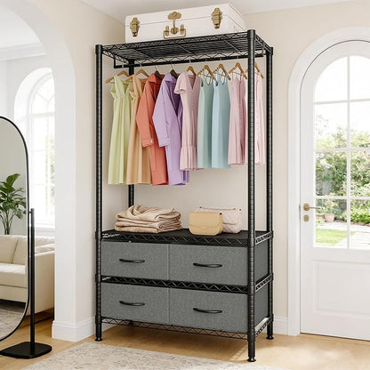 Clothes Rack with 4 Fabric Storage Drawers and Adjustable Shelves, 3-Tier Heavy-Duty Garment Rack Portable Clothes Hanger Closet Organizers for Bedroom Dorm Apartment, 71.5"H x 35.2"W x 15.4"D